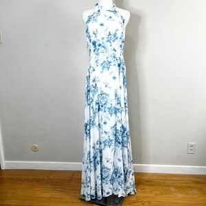 Dessy Collection 3082 Chiffon Floral Halter Neck Backless Maxi Dress Size 14